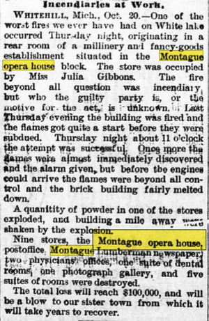 Montague Opera House - Oct 22 1884 Article On Fire (newer photo)